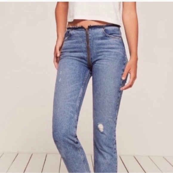 Reformation Denim - Reformation Zipper Jeans High Rise Raw Waist size 27 Celtic Wash Distressed Crop